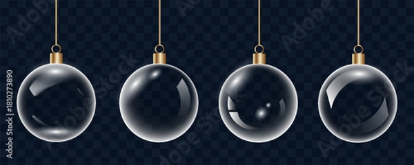 Fototapeta Glass bauble set. 3D transparent Christmas balls hanging for Christmas and New Year celebrations. vector illustrations