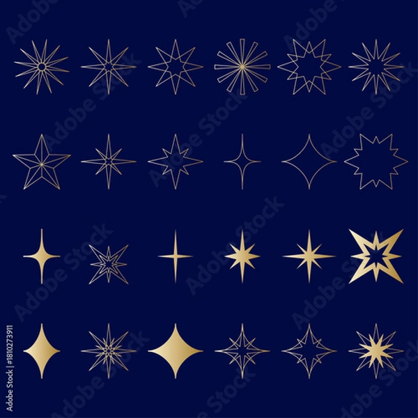 Fototapeta Elegant golden line star shapes collection, minimalist geometric starburst and twinkle vector icons for decorative design and premium graphic elements