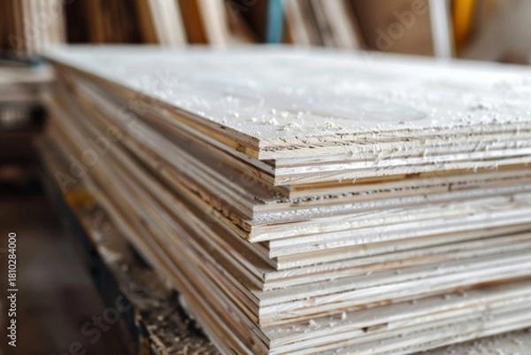 Fototapeta Close-up of stacked wooden boards in a workshop