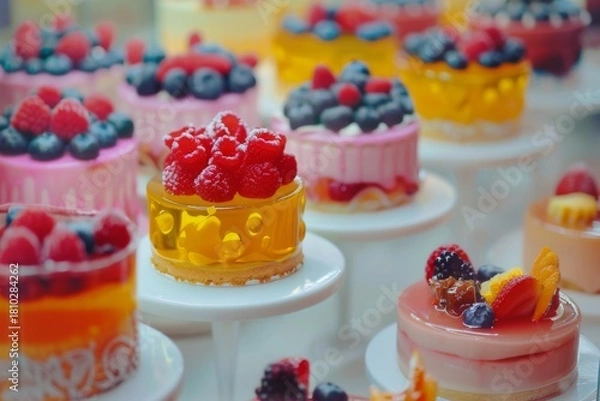 Fototapeta Colorful desserts with fresh berries displayed in a bakery