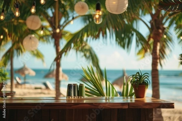 Fototapeta Relaxing beach bar scene with tropical plants and ocean view