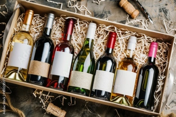 Fototapeta Assorted wine bottles in a gift box with blank labels