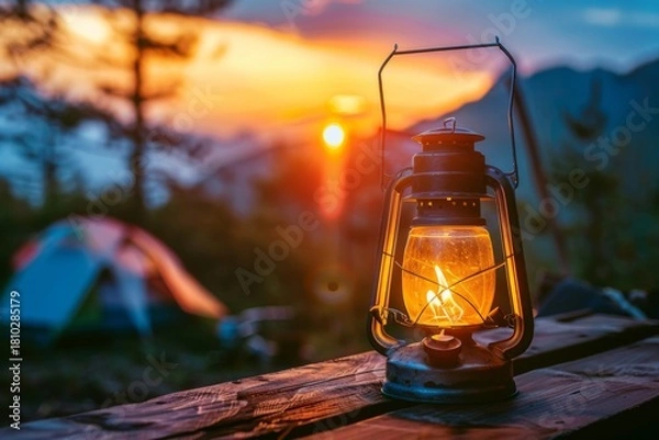 Fototapeta A glowing lantern in a serene camping scene at sunset