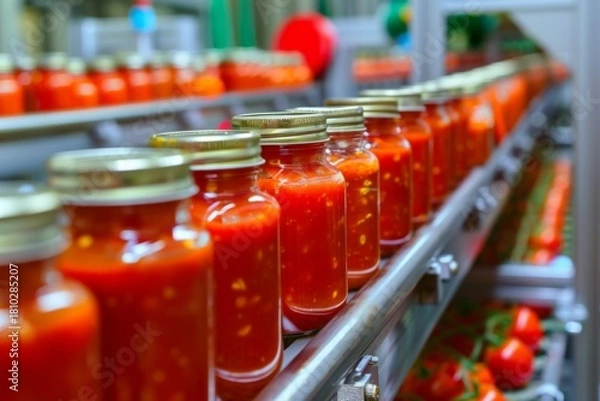 Fototapeta Jars of tomato sauce on a production line in a factory