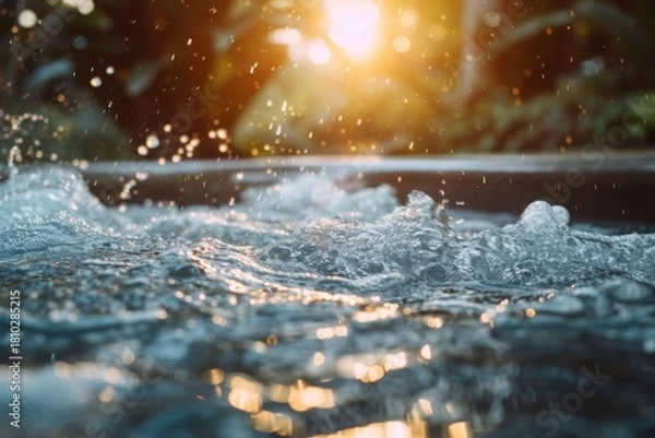 Fototapeta Water splashing in a serene setting during sunset