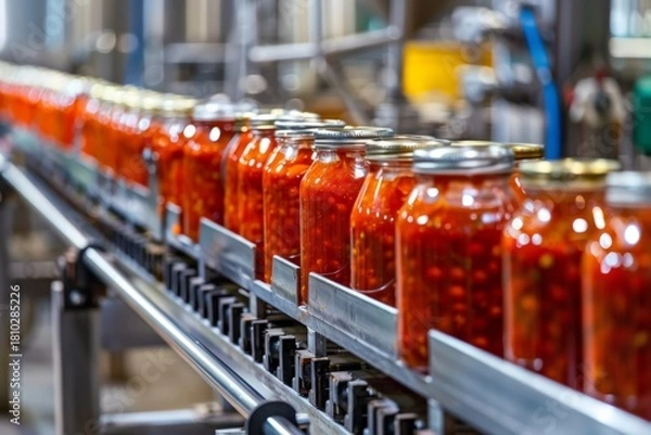 Fototapeta Jars of tomato sauce on a production line in a factory