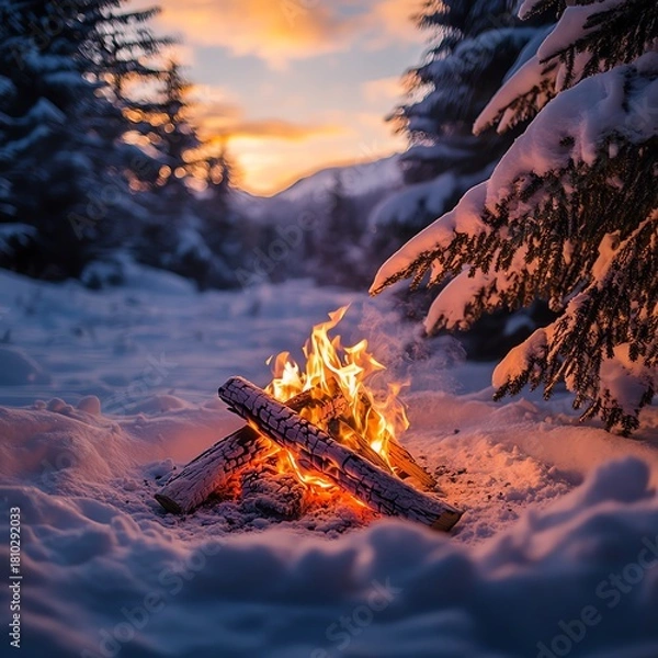 Obraz Warmth in Winter Wonderland Tranquil Campfire Amid Snow-Covered Evergreens Serene Nature Scene with Bright Flames and Soft Snow Textures    high resolution   for isolate image