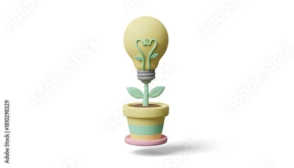 Fototapeta 3D clay-style lightbulb growing from a small flower pot in pastel yellow and mint tones, symbolizing creativity and eco innovation, isolated on white background.
