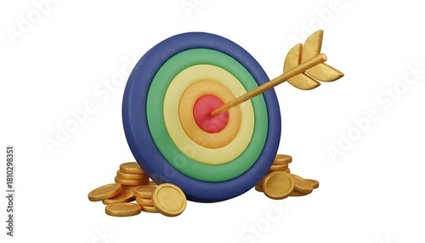 Fototapeta 3D clay-style bullseye target with golden coins and an arrow hitting the center, symbolizing success and financial goals, pastel colors, isolated on white background.