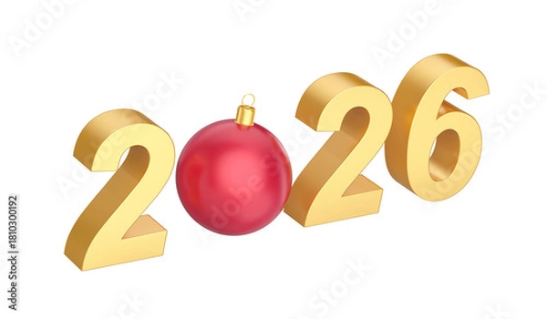 Fototapeta Happy New Year 2026 with shiny red Christmas ornament on transparent background
