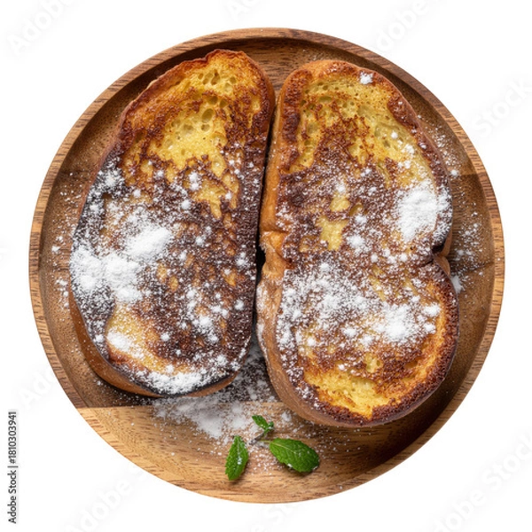 Fototapeta Delicious French Toast Slices Dusted With Powdered Sugar on Wooden Plate Garnished With Mint