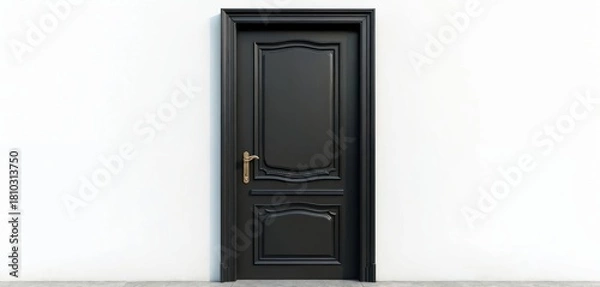Fototapeta Dark wood door stands against a white wall. Entrance shows house design elements. Golden handle is on black classic style door. Building exterior simple architectural details are visible.
