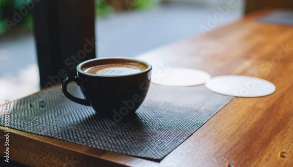 Obraz Black Coffee Cup on a Wooden Table with Coasters in a Cozy Interior Setting