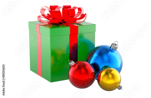 Fototapeta Christmas gift box with colorful baubles. 3D rendering