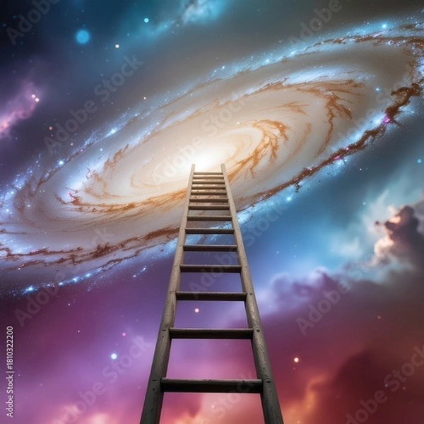 Fototapeta Ladder Leading to a Spiral Galaxy in a Colorful Cosmic Space Atmosphere