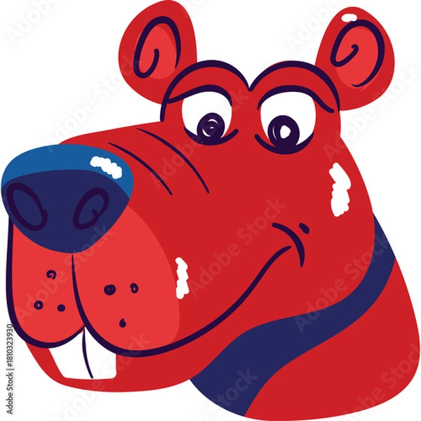 Fototapeta Red Cartoon Bear Character Head with Blue Accents and Wide Smile Featuring Large Dark Eyes and Blue Nose on Transparent Background
