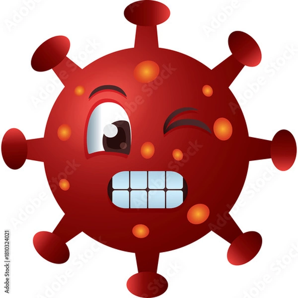 Fototapeta Red Cartoon Virus Character with Winking Eye and Grinning Teeth on Transparent Background