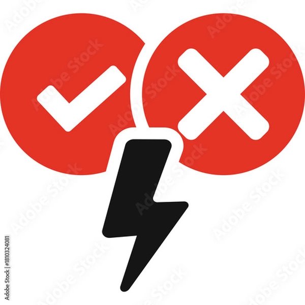 Fototapeta Red Check Mark And Cross Symbol With Black Lightning Bolt Icon On Transparent Background