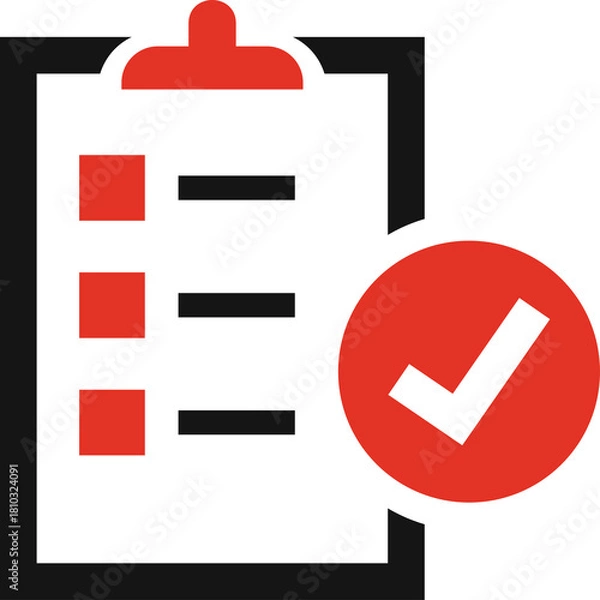 Fototapeta Red Check Mark Affirming A Checklist With Bullet Points On A White Clipboard Object On Transparent Background With Red Circle Icon And Black Border