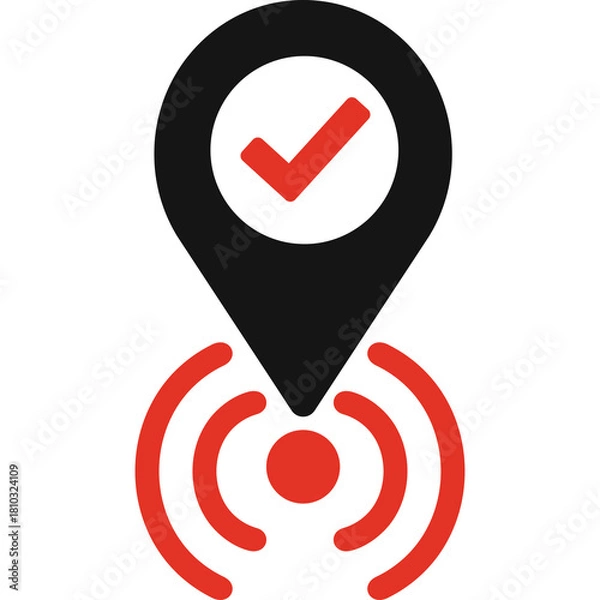 Fototapeta Red Check Mark Inside Black Location Pin Icon with Red Signal Waves on Transparent Background