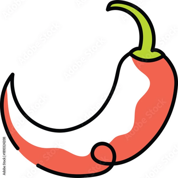 Fototapeta Red chili pepper with green stem and a white interior and outline graphic illustration on a transparent background