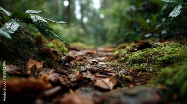 Fototapeta Tranquil Forest Path with Lush Greenery and Rain