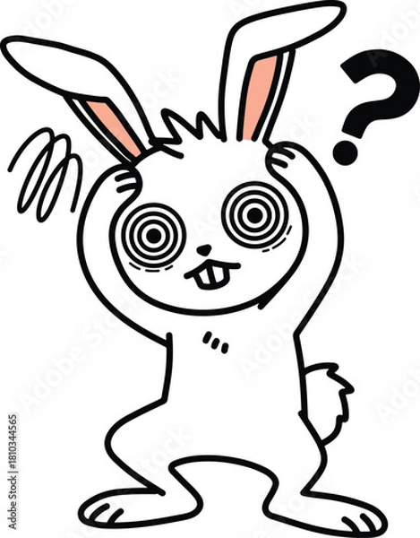 Fototapeta Confused White Rabbit with Swirling Eyes and Question Mark