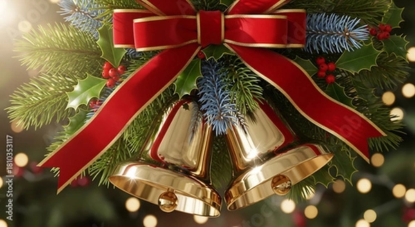 Obraz Close-up of golden bells with a red bow, surrounded by green foliage and lights.