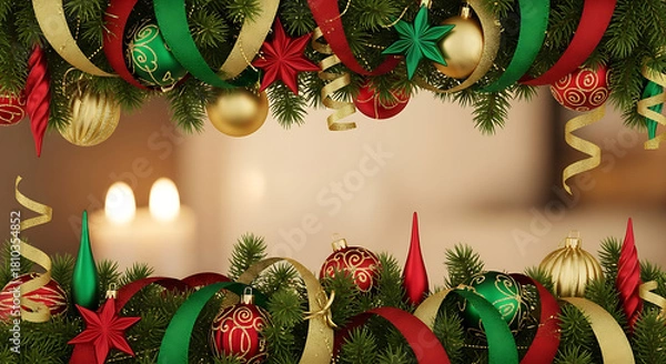 Fototapeta Festive Christmas border with pine branches, red and gold ribbons, and ornaments, with blurred background and candles.