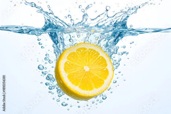 Fototapeta Sliced Lemon Falling into Crystal Clear Water with Splash