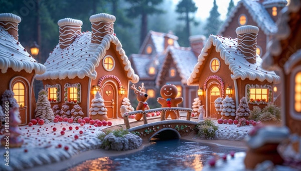 Obraz AI-generated image of a winter wonderland of Christmas spirits, where gingerbread houses and a river come to life