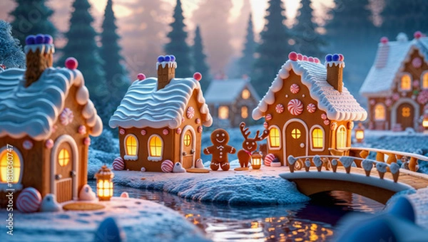 Fototapeta AI-generated image of a winter wonderland of Christmas spirits, where gingerbread houses and a river come to life