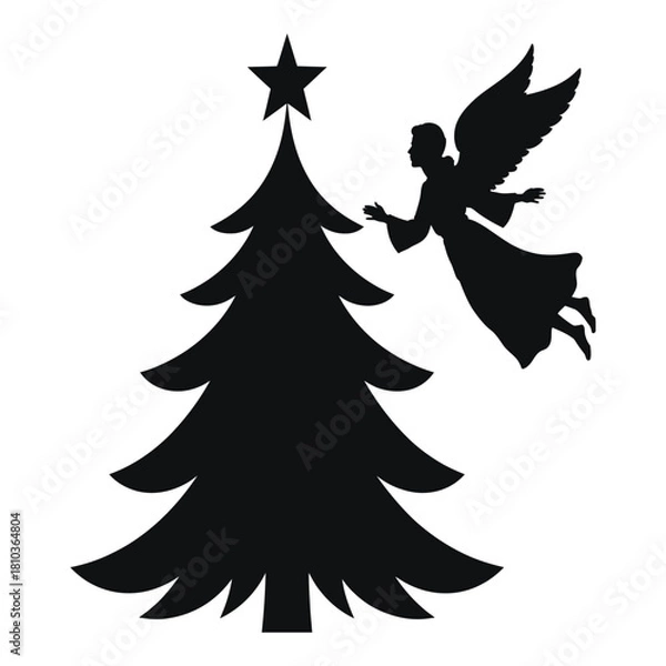Fototapeta Silhouette of a christmas tree with a star on top and an angel flying nearby, isolated on white background a timeless image that evokes the magic and wonder of the holiday season