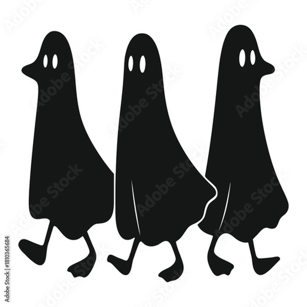 Fototapeta Three spooky ghosts are walking in a row, isolated on white background these cute and friendly spirits are ready for halloween night, bringing a touch of fun and fright to the celebration