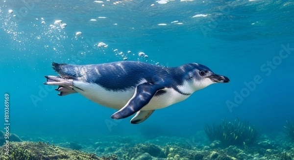 Obraz Fairy penguin walking along the shore with its small body and blue-gray feathers. The world’s smallest penguin, symbol of charm, coastal life, and wildlife.