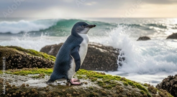 Obraz Fairy penguin walking along the shore with its small body and blue-gray feathers. The world’s smallest penguin, symbol of charm, coastal life, and wildlife.