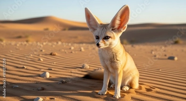 Obraz Fennec fox with its iconic large ears and sandy fur standing alert in a desert habitat. A small nocturnal fox known for its adorable appearance and excellent hearing.