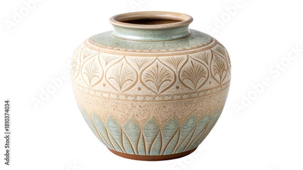 Obraz Photo of traditional ceramic pottery vase with intricate carved leaf pattern and speckled glaze in beige and light blue tone, isolated on transparent background