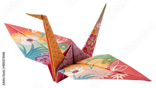 Obraz Photo of colorful origami paper crane with floral pattern folded from patterned paper isolated on transparent background