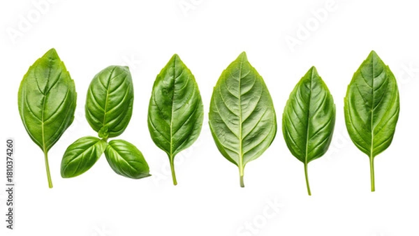 Obraz Photo of a collection of fresh green basil leaves displayed in a row, isolated on transparent background, perfect for culinary or herbal use