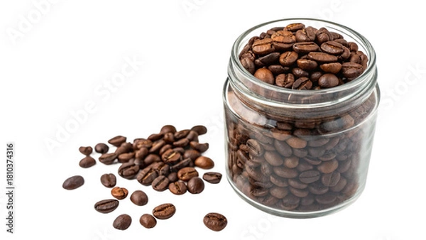 Obraz Photo of roasted coffee bean in a clear glass jar with some beans spilled on the white surface, isolated on transparent background
