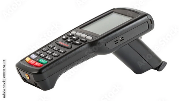 Obraz Photo of black handheld industrial barcode scanner or mobile computer with keypad and screen, isolated on transparent background