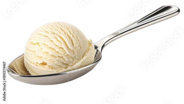 Obraz Photo of single scoop of creamy vanilla ice cream perfectly formed on a shiny silver spoon, isolated on transparent background