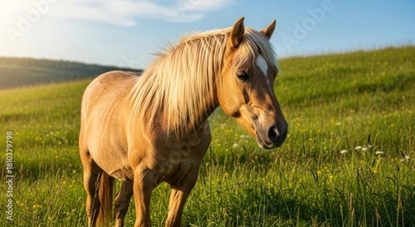 Obraz Falabella miniature horse with a small, elegant body and gentle posture standing on grassy terrain. Known as one of the smallest horse breeds, admired for its calm and friendly nature.