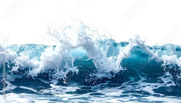 Fototapeta A vibrant image of a crashing turquoise ocean wave with white foamy crest against white background