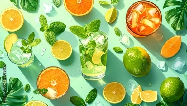 Fototapeta A vibrant overhead shot of citrus fruits, drinks, mint, and ice on a light green surface