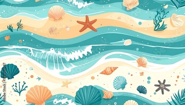 Fototapeta A vibrant illustration depicts a beach scene with ocean waves, shells, and marine life scattered