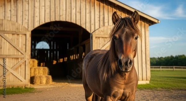 Obraz Falabella miniature horse with a small, elegant body and gentle posture standing on grassy terrain. Known as one of the smallest horse breeds, admired for its calm and friendly nature.