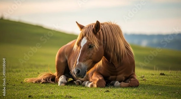 Obraz Falabella miniature horse with a small, elegant body and gentle posture standing on grassy terrain. Known as one of the smallest horse breeds, admired for its calm and friendly nature.