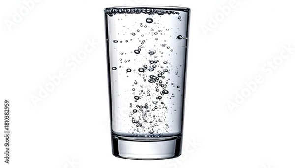 Fototapeta A tall glass filled with bubbly, clear liquid against a stark white backdrop